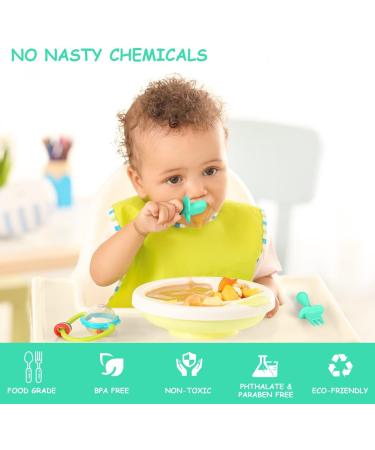 Vicloon Baby Fork and Spoon Set - 4Pcs Infant Silicone Self Feeding Utensil - Easy Grip Toddler Cutlery Kit - Baby Weaning Spoons for Children - Grey-Green - Buy Online on GoSupps.com