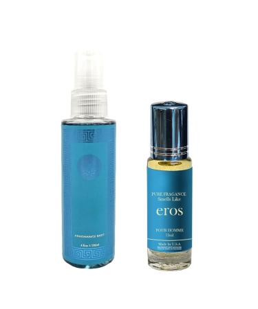 Fragrance Perfume Mist INSPI 4 floz + Oils Eros Cologne Roll On Body Oil for Men (12ml) (Pack of 2)