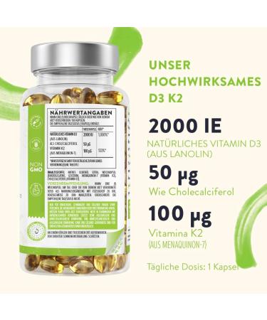 Buy High Dose Vitamin D3 K2 with Olive Oil | 2000 IU Vitamin D & 100 g K2 MK7 | GMO Gluten & Lactose Free | 180 Capsules | Sun Vitamins - Buy Online on GoSupps.com