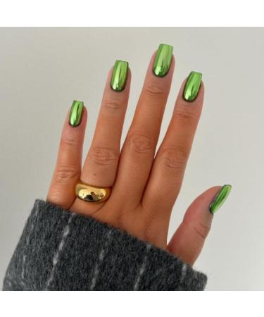 Mirror Metal Green Press On Nails - Medium Short Square Chrome Glazed Gel Nails | Reusable Thick Acrylic Nails for Women - Buy Online on GoSupps.com