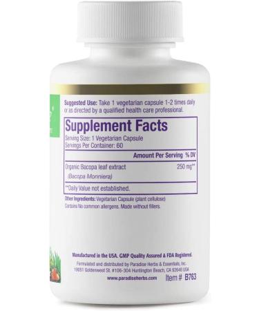 Paradise Herbs Bacopa - 60 Vegetarian Capsules for Memory & Focus - Buy Online on GoSupps.com
