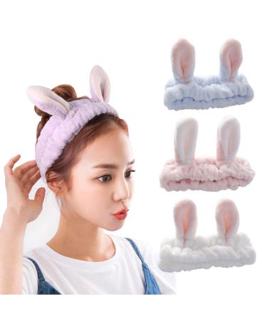 Besbomy hair band cosmetics ears women girls 3 pieces - headband make -up elastic soft headband hair straps headband hair accessories for washing spa yoga sport shower 1 piece (3 pack) blue & pink & white