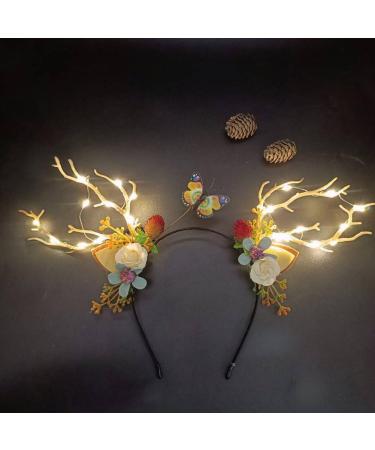 Carufin LED Light up Headwear Glowing Reindeer Antlers Hair Accessories Luminous Tiara Christmas Party Hair Hoop Headband for Women (Warm light A)