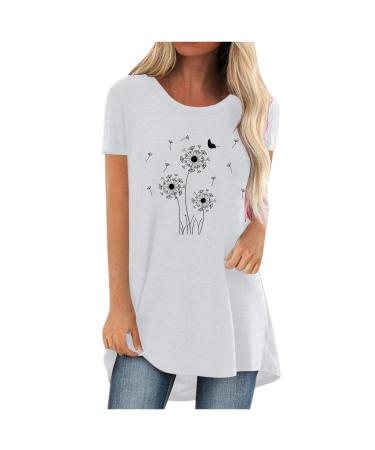 Deepclaoto Sequin Tops for Women,Loose Short Sleeve Shirt Casual Dandelion Print Stylish Solid Color Top Shirts C-white Small
