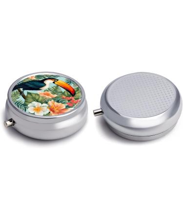 Round Pill Box with Tropical Flower Bird Print | 3 Compartment Portable Medicine Organizer | Decorative Metal Pocket Pill Case - Style 28 - Buy Online on GoSupps.com