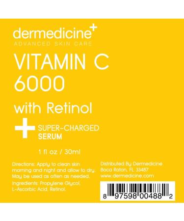 Dermedicine Vitamin C 6000 w/Retinol Anti-Aging Serum for Face - 1 fl oz | Smoothes Wrinkles, Brightens Complexion, Improves Texture & Tone | Pharmaceutical Grade Formula for Youthful Skin - Buy Online on GoSupps.com