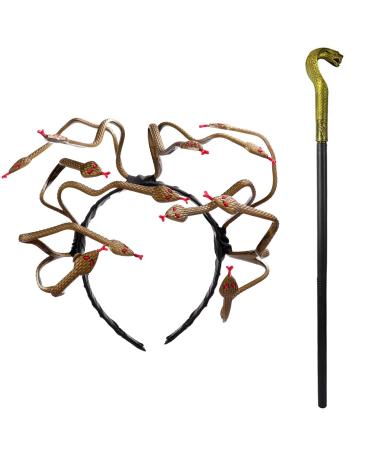 AOVNA 2 Pieces Medusa Costume Accessory Snake Headpiece Golden Snake Sceptre Medusa Headband for Dress Up Halloween Role-playing