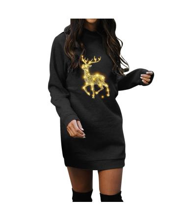 Hanxiulin Christmas skirt for women print long -arm hooded sweater dress bag christmas elk party dresses oversize long -arm hooded sweater hooded sweater dress top jumper autumn winter black l