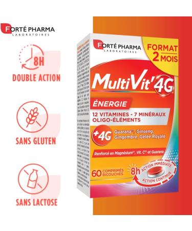 Fort Pharma - Multivit' 4G Energie - Food Supplement Shape and Tone - 12 Vitamins 7 Minerals - Ginseng Guarana Magnesium Ginger - Fatigue Irritability - 60 Two-Layer Tablets - Buy Online on GoSupps.com