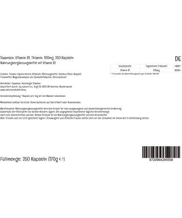 Swanson Vitamin B1 Thiamine 100mg 250 Capsules High-Dose SOYA-Free Gluten-Free GMO-Free - Buy Online on GoSupps.com