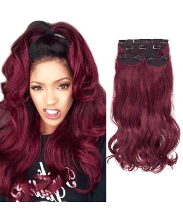 DOCUTE Dark Wine Red Thick Hair Extensions Clip In For Black Women 4 Pcs, 22 Inch Burgundy Full Head Curly Wavy Clip In Hair Extensions Body Wave (22 Inch, Burgundy Red - Curly) Burgundy - Curly 22 Inch (Pack of 4)