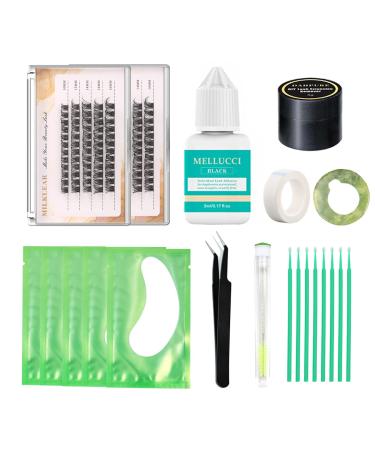 MELLUCCI DIY Lash Extension Kit  Strong Hold Sensitive Eyelash Extension Glue  Cluster Lashes Set D curl 10-16mm  Glue Remover  Tweezers and Jade Stone Complete Lash Extension Supplies for Home Use