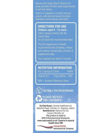 Natures Aid Kids Vitamin D3 Spray 30ml - Daily Oral Supplement for Children Ages 4-12 - Immune Support & Bone Health - Orange Flavour, Vegetarian - Buy Online on GoSupps.com