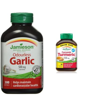Jamieson Odourless Garlic 500mg 300 Softgels & Turmeric Curcumin 90 count - Value Size