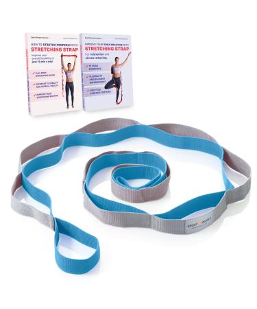 sport2people Stretching Strap for Yoga, Flexibility, Rehabilitation - 2 Free Exercise Ebooks - Get Flexible with 12-Loop Stretch Band for Rehab, Recommended by Physical Therapists and Trainers blue-gray