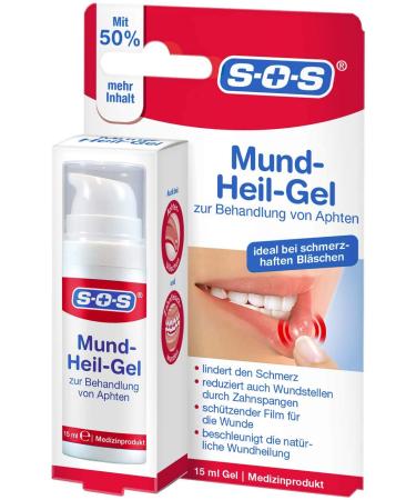 SOS mouth-healing gel to relieve pain from aphten on tongue oral mucosa and lips even in smaller wounds through braces accelerates the healing process 1 x 15ml