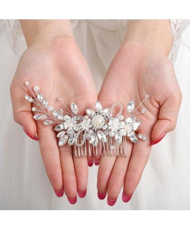IYOU Bridal Wedding Hair Comb Sliver Sparkly Rhinestones Side comb Shiny Crystal Flower Hair Piece Bride Pearl Leaves Hair Accessories for Women and Girls - Buy Online on GoSupps.com