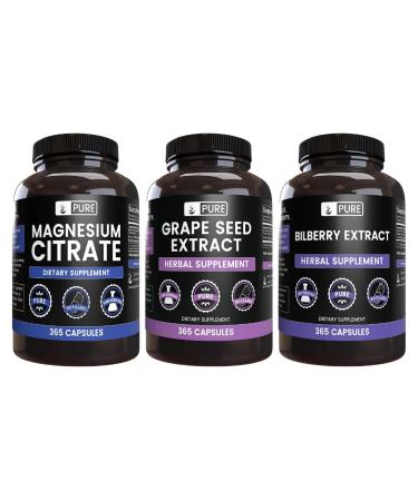 PURE ORIGINAL INGREDIENTS Grape Seed Bilberry & Magnesium Citrate Capsule Bundle (365 Capsules Each) No Magnesium or Rice Fillers