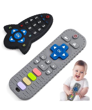 2 Pack Baby Teething Toys - Remote Control & Rocket Shape Silicone Teether Toys for Babies 6-12 Months BPA-Free Baby Teether Relief Soothing Toys Toddler Baby Chew Toys for Babies