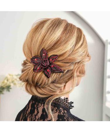 Black Flower Hair Clip with Red Rhinestone - Elegant Bridal Hair Accessory for Women - Buy Online on GoSupps.com