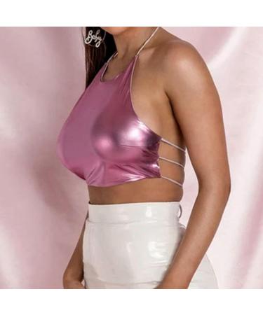 Shop BH Wide Straps Backless Sexy PU Top for Women Pink Nightclub Vest with Hollow Neckholder - Buy Online on GoSupps.com