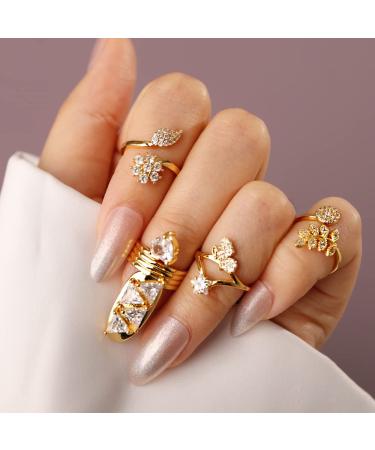 Rumtock CZ Crystal Beads Butterfly Fingernail Opening Ring Nail Decoration for Women Girls Little Finger Nail Art Gold Style 8