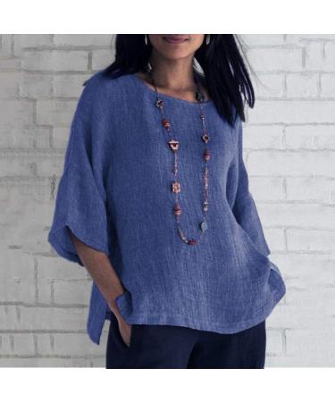 Wuztai Summer Women's Plus Size Blue Cropped Sleeve Top | Round Neck Loose Fit Blouse | XXL - Buy Online on GoSupps.com