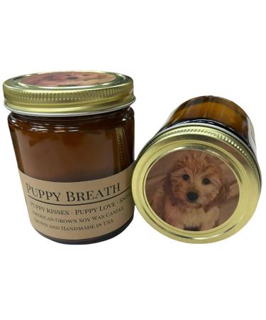 Scented Soy Wax Candle (8.0 oz) 50-60 Hour Burn Time Cotton Wick Amber Glass Jar Grown and Made in USA - Puppy Breath