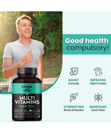 KPVita Multivitamin for Men 50 Plus Age - 120 Tablets | With 50 Vitamins Minerals Herbal Extracts L-Arginine Ginseng & Super Antioxidants Blend for Enhanced Energy Heart Immunity Joints & Eye Support | 1 Veg Tablet Daily - Buy Online on GoSupps.com