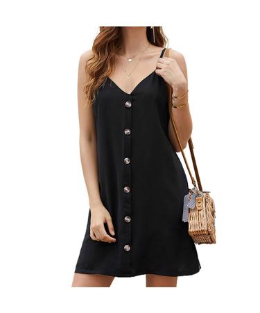 Women sexy dresses mini dress a line camisole spaghetti strap leisure dress V-neck kneeang swing button strip loose summer dress party dress m black