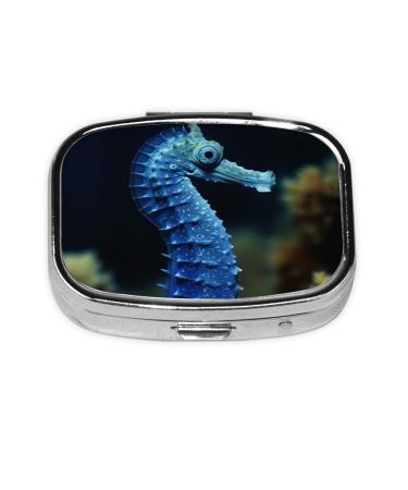Blue Seahorse Printing 2 Compartment Small Pill Case Cute Small Pill Box Purse Pill Boxs Travel Pill Organizer for Pocket Purse and Travel Gifts