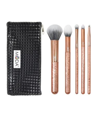 MODA Royal & Langnickel Full Size Crackle 6pc Makeup Brush Set with Pouch Includes - Multi-Purpose Powder Contour Eye Shader Smoky Eye and Angle Liner Rose Gold