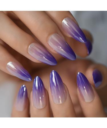Artificial fingernails ombr style shimmering medium-sized almond color translucent high gloss date party women girls 24 pieces