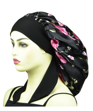 Satin Silk XL Hair Bonnet for Long Curly Hair - Black+Rose - Buy Online on GoSupps.com