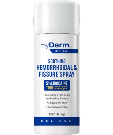 Myderm Medical Soothing Hemorrhoidal & Fissure Spray - 3oz - Maximum Strength 5% Lidocaine with Phenylephrine HCl - Fast-Acting Touch-Free Application Lidocaine Spray for Pain Relief - Made in USA 1 Pack