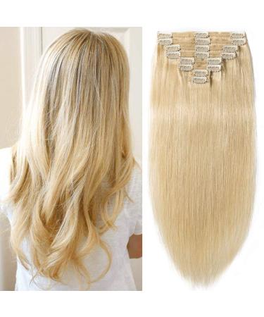 Clip in Extensions Real Hair Extension Hairpiece Double 8 Parts Heat Resistant Straight Light Blonde#613 16"(40cm)-130g