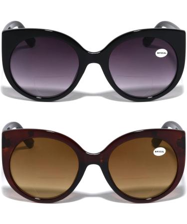 Shop V.W.E. Oversized Bifocal Reading Sunglasses - Vintage Round Cateye Gradient Tinted Lens 2 Pairs (Black & Brown) | 2.5x Magnification - Buy Online on GoSupps.com