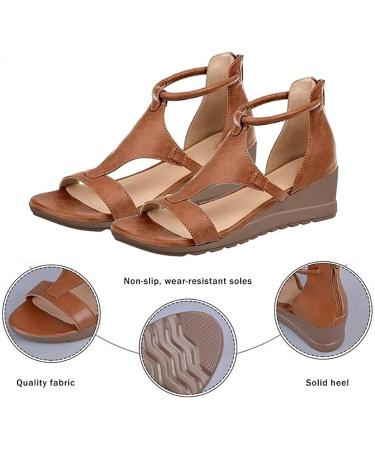 Rvidbe Women's Dressy Low Wedge Peep Toe Zipper Sandals - Brown, Size 8.5 - Buy Online on GoSupps.com