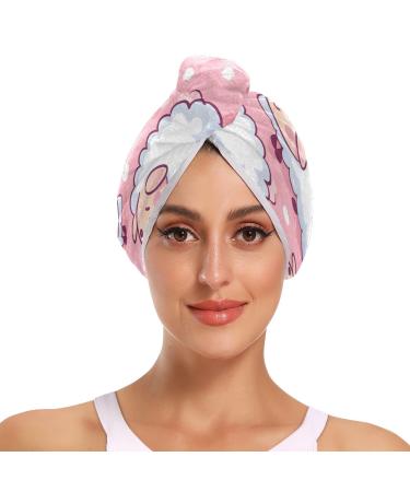 Cute Sheep Pink Hair Towel 2 Pack Super Absorbent Hair Drying Towel Quick Dry Hair Turbans Head Towel with Button Twisty Wrap for Women Girls
