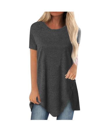 Ganfancp Womens Tunic Summer Breathable Short Sleeve Irregular Button Blouse Top Plus Size Loose Casual Solid Crewneck Shirt Gray-00 4X-Large