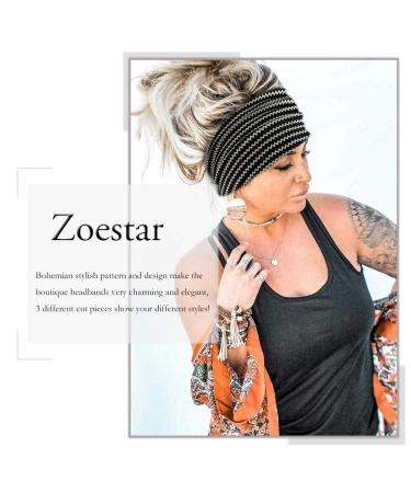 Zoestar Boho Wide Stripes Black Yoga Headscarf | Vintage Stylish Turban Hair Bands | 3-Piece Elastic Fashion Accessories for Women & Girls - Buy Online on GoSupps.com