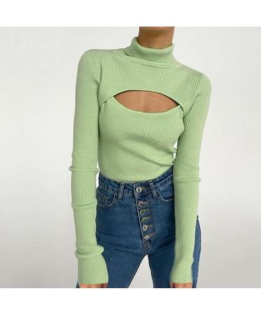 Women's Solid Color Turtleneck Sweater - Slim Fit Long Sleeve Knitted Pullover in Medium Green - Buy Online on GoSupps.com