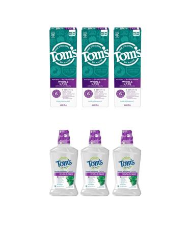 Tom's of Maine Natural Toothpaste and Mouthwash Variety Pack: Whole Care Natural Toothpaste with Fluoride, Peppermint, 4 oz. 3-Pack & Whole Care Natural Fluoride Mouthwash, Fresh Mint, 16 oz. 3-Pack Peppermint & Fresh Mint…