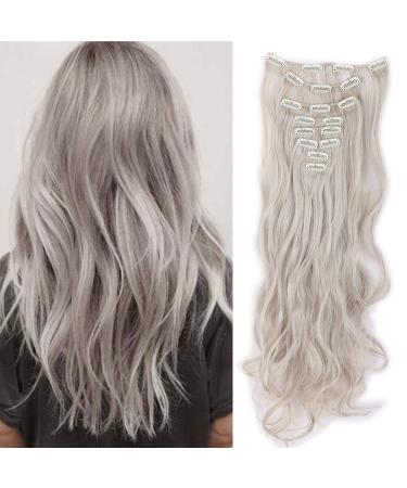 Silk-co Hairpiece Extensions Clip in Hair Extension Long Curly Wavy 8 Pcs Full Head 18 Clips Synthetic Heat Resistant 24 inch Blond&Silver Grey 24 Inch Curly #Blond&Silver Grey
