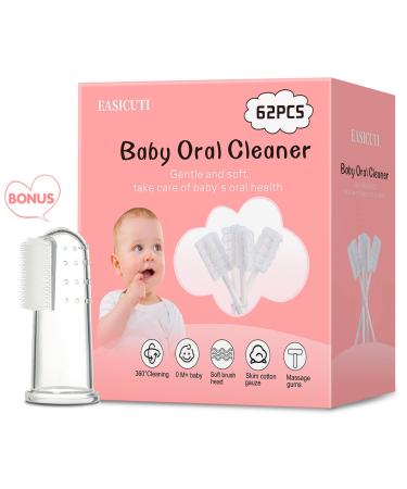 62PCS Baby Tongue Cleaner, Baby Oral Cleaner Newborn Baby Toothbrush,Disposable Infant Toothbrush Clean Baby Mouth,Gauze Gum Cleaner Stick Dental Care for 0-36 Month Baby+1 Finger Toothbrush with Case