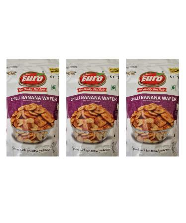 Euro Banana Wafers Chilli 125g - Mouth Watering Deep Fried Authentic Namkeen Savoury Snack (Pack of 3)