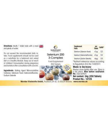 Warnke Vitalstoffe Selenium 3 complex 250 tablets each containing 200 g Complex of selenium yeast selenomethionine and sodium selenite HIGH DOSAGE German pharmacy quality vegan Warnke Vitalstoffe - Buy Online on GoSupps.com
