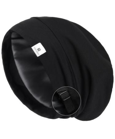 YANIBEST Silk Satin Bonnet Hair Cover Sleep Cap - Pure Black Adjustable Stay on Silk Lined Slouchy Beanie Hat for Night Sleeping Large Aa-pure Black