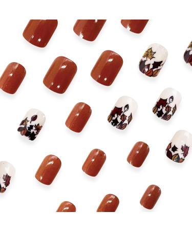 Buy Square Fake Nails - Short Press On Fall Designs with Maple Leaves | Glossy Acrylic Nails for Women - Full Cover Brown Stick On Nails - Buy Online on GoSupps.com