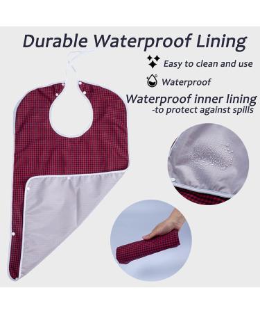 Washable Adult Bibs 3PK - Reusable Waterproof Clothing Protectors with Crumb Catcher - Large Feeding Bibs for Adults in Red, Brown, and Blue Plaid - Buy Online on GoSupps.com